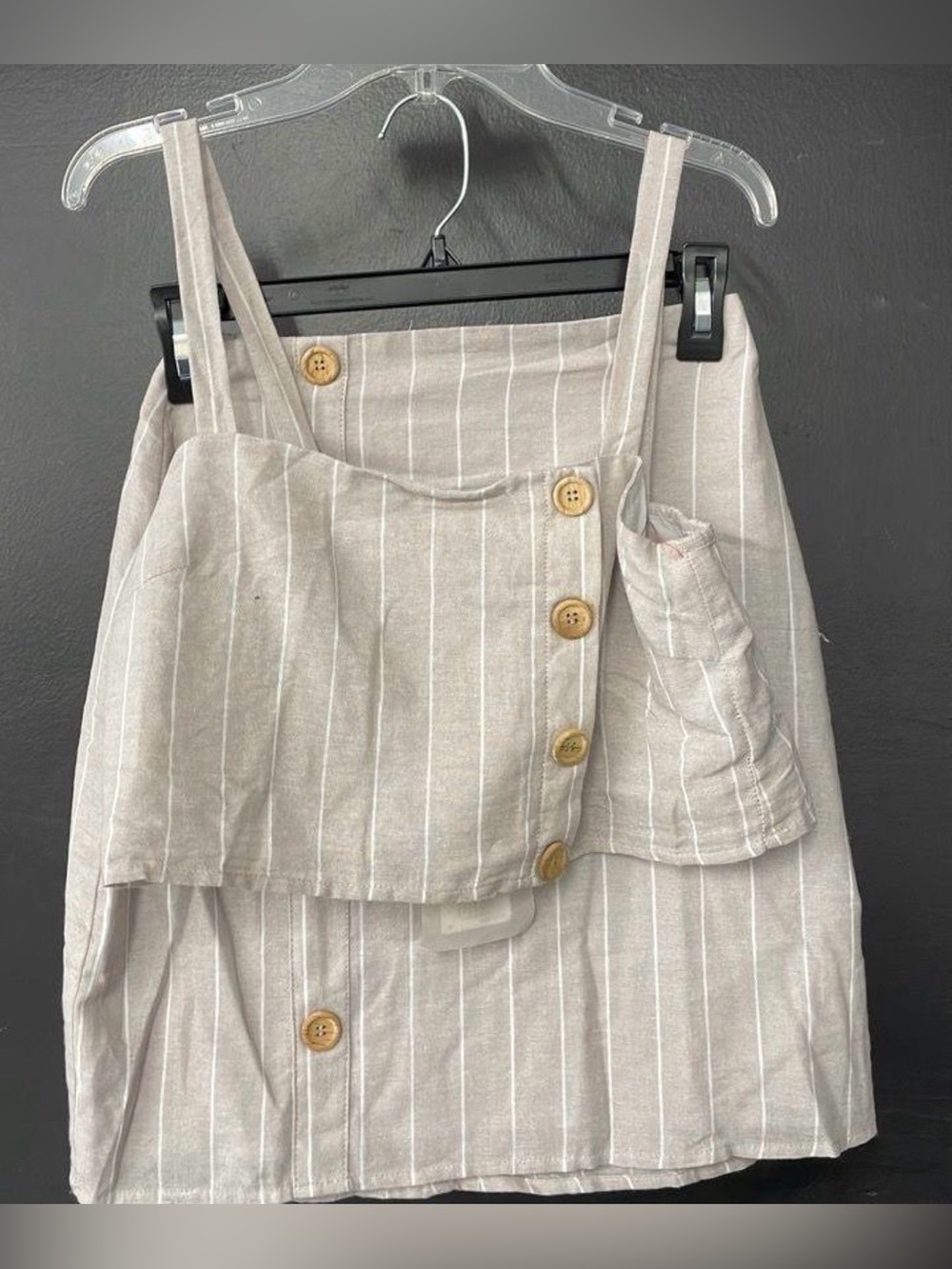 Sabo Skirt Domino Striped Linen-Feel Button Front Set in Light Taupe